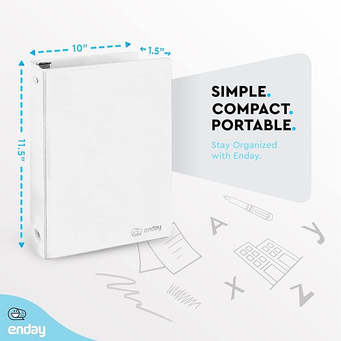 1 Inch 3 Ring Binder 1” Binder White Clear View Cover with 2 Inside Pockets, Colored School Supplies Office and Home Binders, 6 Pack – by Enday