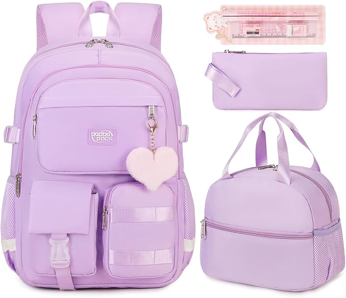 3PCS Student Backpack For School Women College Middle High Teen Girls Bookbag Waterproof Laptop Bag Purple