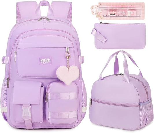 3PCS Student Backpack For School Women College Middle High Teen Girls Bookbag Waterproof Laptop Bag Purple