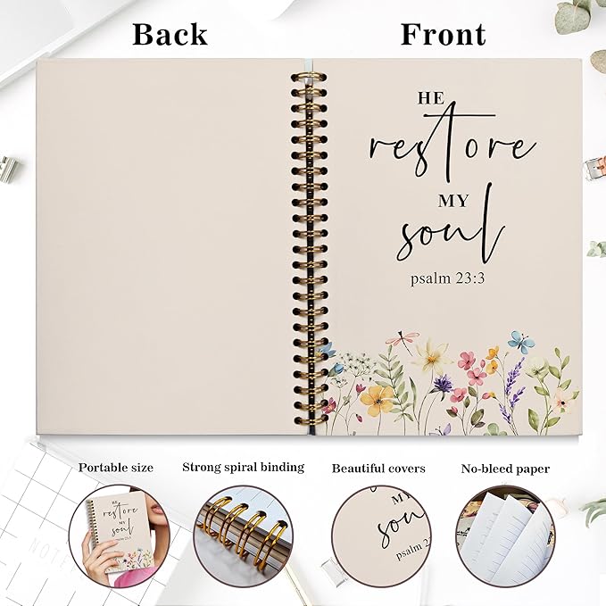 Bible Notebook, A5 Spiral Christian Journal with Floral Pink Butterfly Notebook, Bible Verse-He Restores My Soul, Inspirational Notebooks for Women, Bible Study, Gift for Birthday Christmas