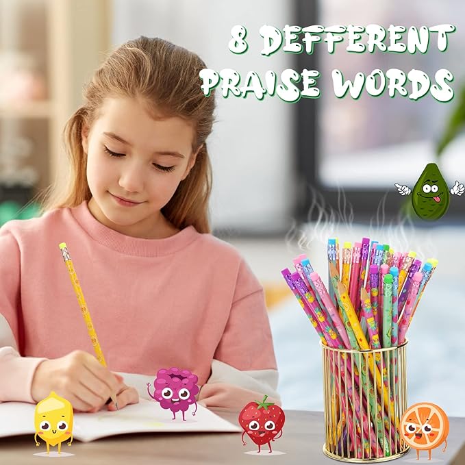 Leinuosen 100 Pcs Scented Pencils Bulk for Kids Inspirational Cute Fun Wood Smelly Pencils with Erasers Fruit Elements for School Classroom Office Students