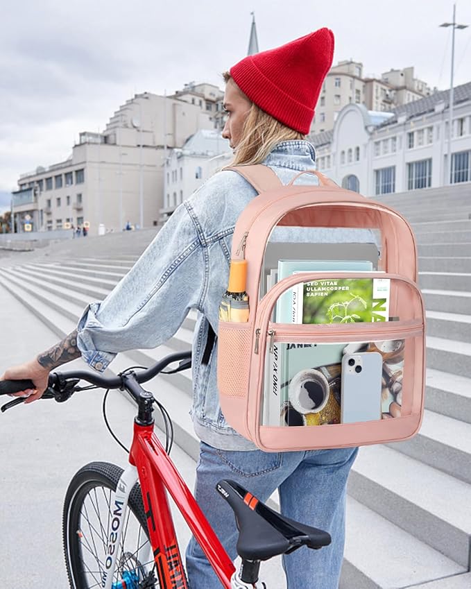 Clear Backpack, Heavy Duty Transparent Bookbag for School, Fabric & PVC Transparent Backpack with Reinforced Strap for Women Men, Capacity Clear Bag for College, Travel, Security, Pink