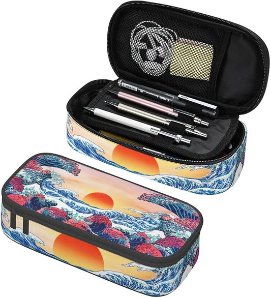 Japanese Ocean Waves Large Pencil Case With Zipper Compartments Stationery Pencil Bag For Kids Teens Students School Supplies