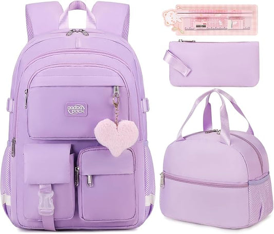 3PCS School Backpack For Student Women College Middle High Teen Girls Bookbag Waterproof Laptop Bag Purple