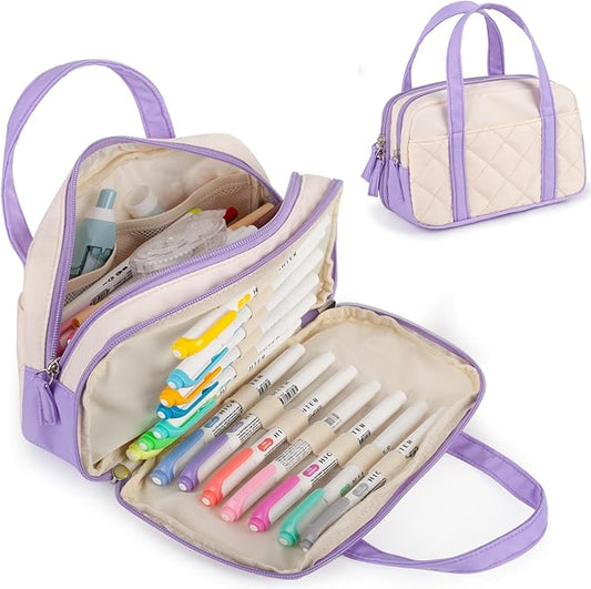 2 Compartment Pencil Case For Girls,Zipper Pencil Bag With Handle, Large Capacity quilting Pencil Pouch Organizer Aesthetic, Womens Soft Pencil Box Marker Pouch For Middle School Office College