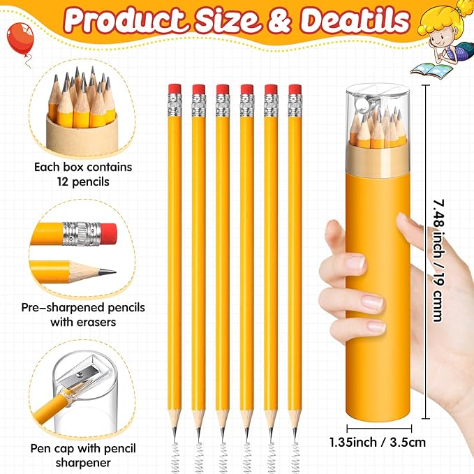 72pcs Back to School Supplies for Kids 12 Pack #2 Presharpened Pencils Bulk in Tube with Sharpener and Eraser HB Yellow Wood-cased Pencils Gifts for Student Classroom Prize Party Favor