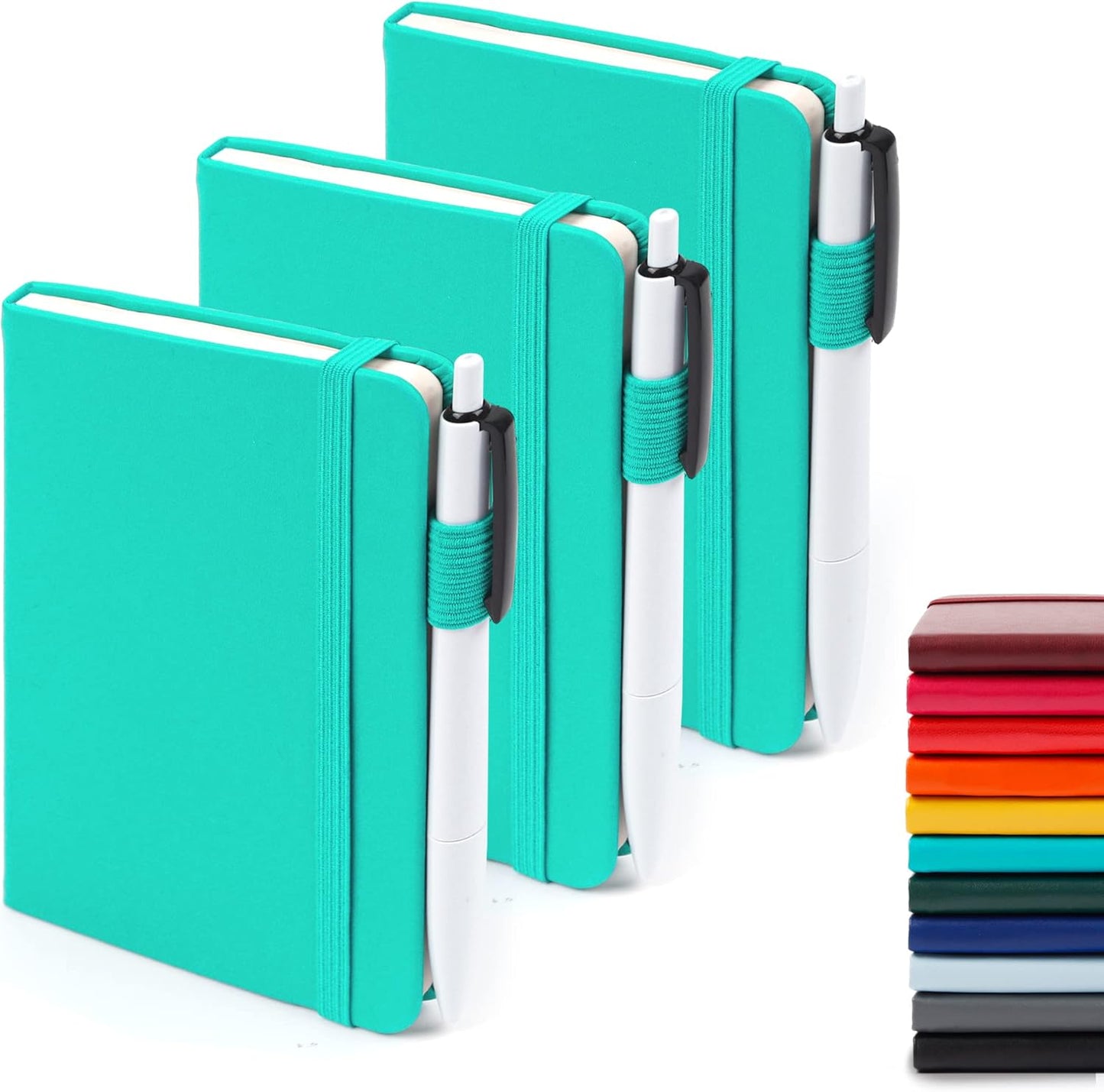feela 3 Pack Pocket Small Notebook Journals, Mini Cute Memo Notepad Hardcover College Ruled Lined Journals with Pen Holder for Women Girls Office School, with 3 Black Pens, 3.5”x 5.5”, A6, Aqua