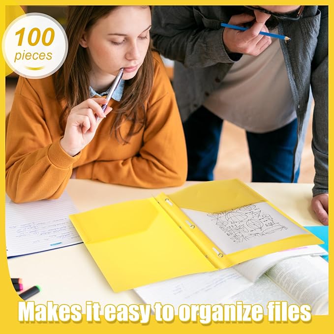 Lincia 100 Pcs Plastic Folders with 2 Pockets and Prongs for Office, School, Students, Teachers, Office Workers (Yellow)