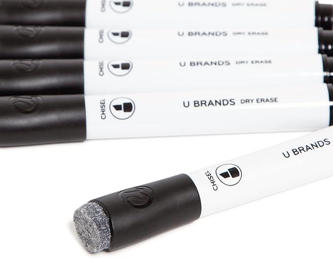 U Brands Fine Tip Dry Erase Markers with Eraser, Whiteboard Markers with Chisel tip, Extra Ink, Low Odor, Black, Set of 5