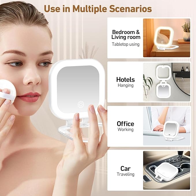 Travel Mirror with Light, 1x/30x Magnifying Mirror with 3 Color Lights and Adjustable Brightness, 4.5x3.9 inch Small Compact Hangable Hand Pocket 3 Way Mirrors, Comes with Tweezer