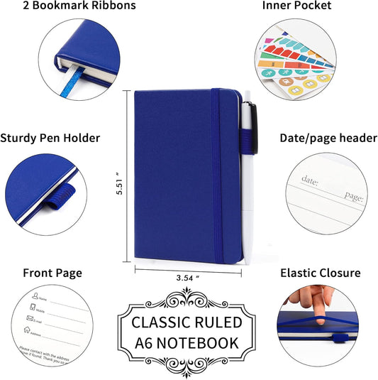 feela 3 Pack Pocket Notebook Journals with 3 Black Pens, A6 Mini Cute Small Journal Notebook Bulk Hardcover College Ruled Notepad with Pen Holder for Office School Supplies, 3.5”x 5.5”, Navy