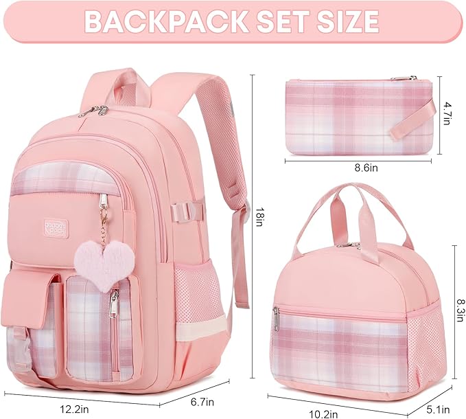 3PCS Backpack For School Women College Middle High Teen Girls Student Bookbag Waterproof Laptop Bag Plaid Pink
