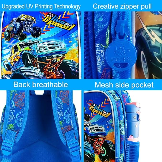 KLFVB Boys Toddler Truck Backpack, Water Resistant Kindergarten Bookbag, 13" Preschool Backpacks for Toddler - Truck Blue