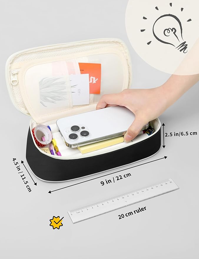 SUNEE Large Pencil Case, Cute Pen Pouch, Aesthetic Zipper Stationery Bag Large Capacity Kawaii Pen Organizer, Black, Bag Organiser