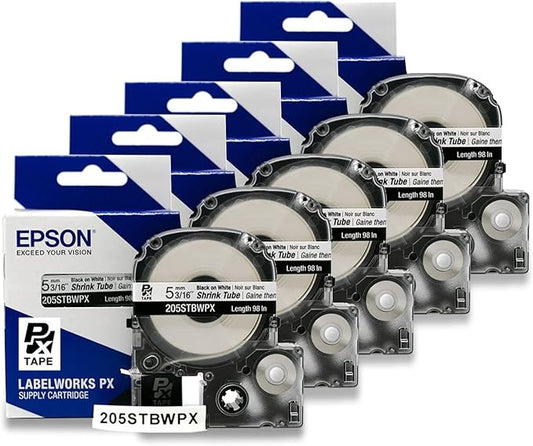 Epson LABELWORKS 205STBWPX-5PK Genuine Tape Cartridge - 5 Unit Pack of Black on White Shrink Tube Industrial Label Maker Tape - AWG 8-12, 3/16" (5MM) Wide, 8 ft (96") - 5 Pack