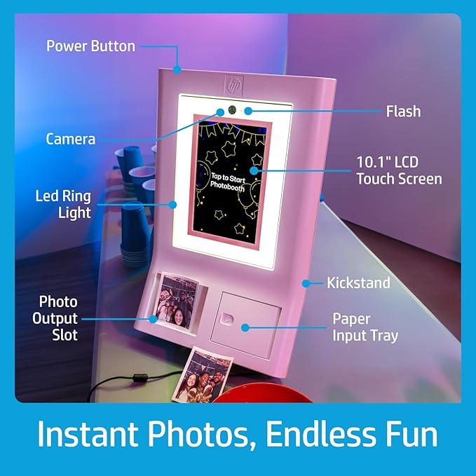HP Sprocket Photo Booth Machine Instant Color Photo Printer - 10.1" Touchscreen Photobooth, LED Ring Light - Customize w/ 250+ Frames, Prints on 3x4 Zink Paper or Share via QR Code, Mobile App - Pink