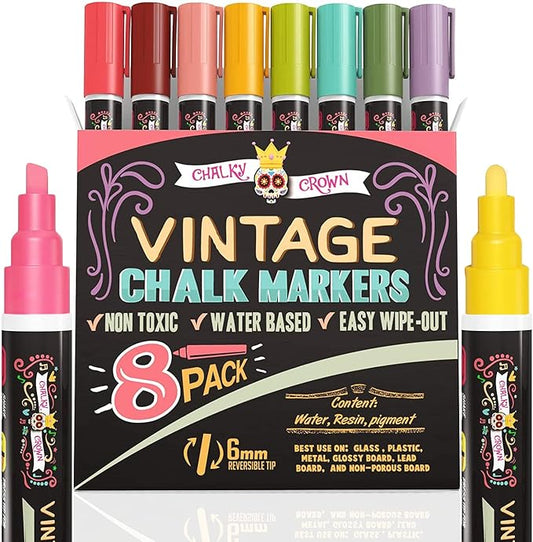 CHALKY CROWN Liquid Chalk Markers - Dry Erase Marker Pens - Chalk Markers for Chalkboards, Signs, Windows, Blackboard, Glass - Reversible Tip (8 Pack) (Vintage, 6mm)