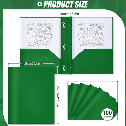 Lincia 100 Pcs Plastic Folders with Pockets and Prong Folders with Prongs 2 Pockets for Office, School for Students, Teachers, Office Workers(Deep Green)