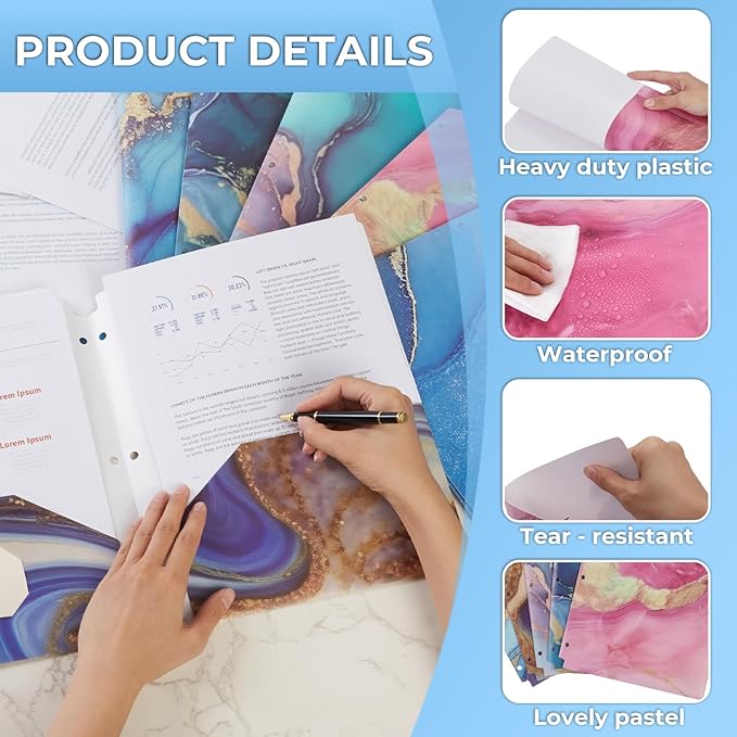 6 Pack Marble Design File Folders with Pockets - Plastic Folder with 2 Pockets & a Business Card Holder, Durable File Folders for Documents, School, Office & Home (Folder with Pockets)