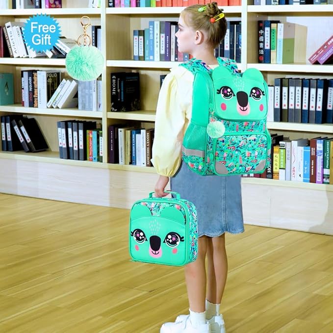 UFNDC 3PCS Bookbag for Girls, 15" Kids Sequin Bookbag with Lunch Box, Green Koala School Bag Set for Elementary Preschool Toddler