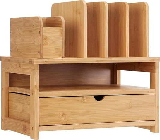 Homde Bamboo Desk Organizer with Drawer and File Holder, Office Organization for Desks with Adjustable Pen Holding, Desktop Letter Paper Tray Storage for Workplace Home School (Natural, M)