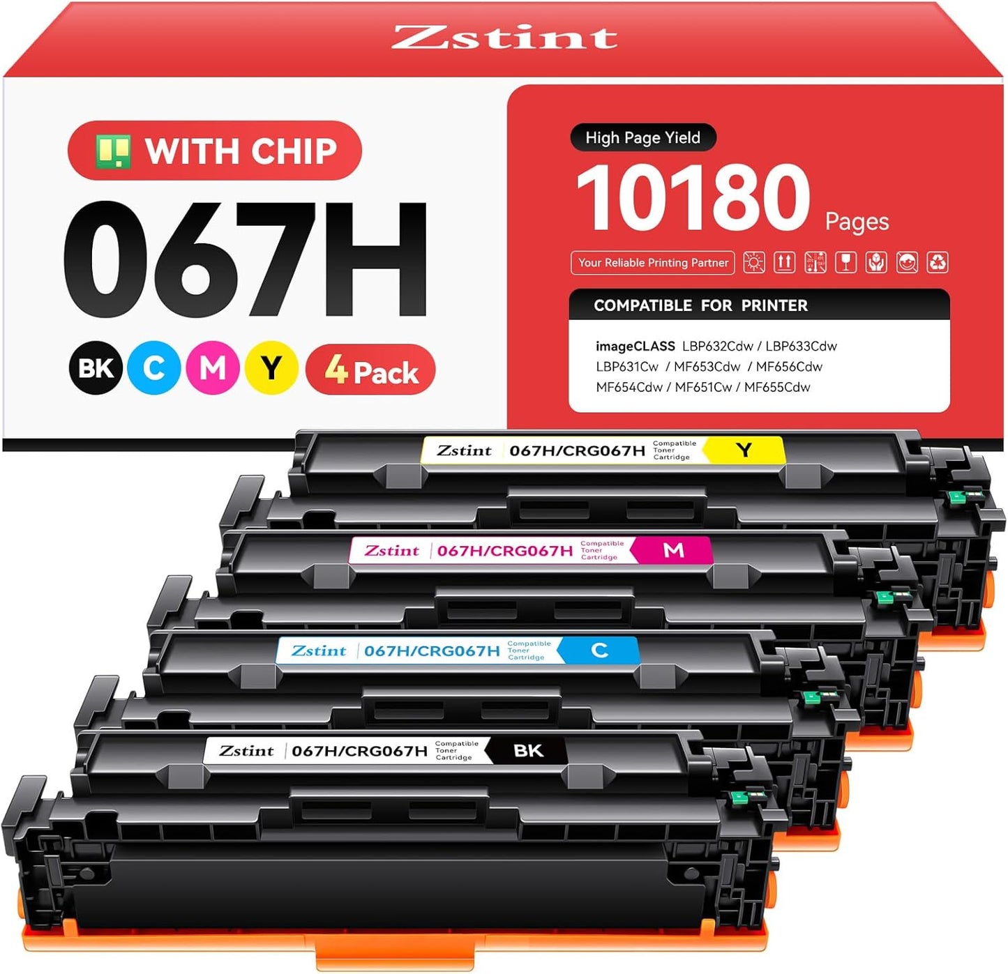 067H 067 Toner Cartridge Set 4-Pack MF656Cdw MF654Cdw High Capacity Black Cyan Magenta Yellow Compatible for Canon 067 067H Works for Color imageCLASS LBP632Cdw LBP633Cdw MF652Cdw MF653Cdw Printer Ink
