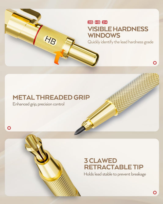Nicpro Gold Art Mechanical Pencil Set, Metal Drafting Pencil 0.5, 0.7, 0.9mm & 2mm Lead Holder(2B HB 2H) For Sketching Drawing With Lead Refills Case