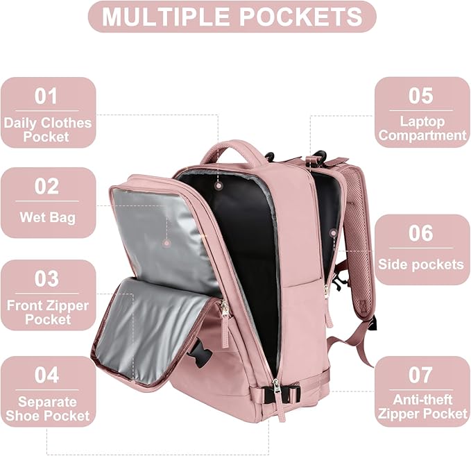 Personal Item Travel Backpack for Women Airline Approved Carry on Backpack Flight Approved Waterproof Sports Luggage Backpack Casual Daypack Small Hiking Backpack Pink Backpack