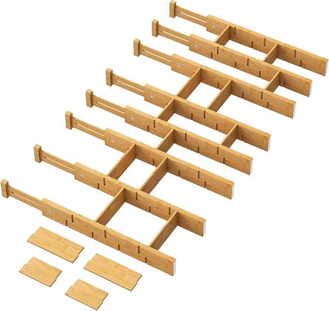 Bamboo Drawer Dividers - Adjustable Drawer Dividers for Clothes, Kitchen, Closet & Office - 8 Pack with Inserts, 18-22.6 Inches, Non-Slip Silicone Ends