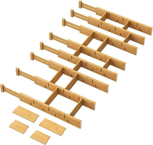 Bamboo Drawer Dividers - Adjustable Drawer Dividers for Clothes, Kitchen, Closet & Office - 8 Pack with Inserts, 18-22.6 Inches, Non-Slip Silicone Ends