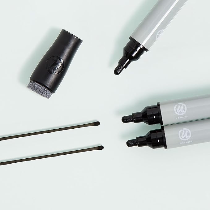 U Brands Bold Tip Liquid Glass Whiteboard Markers with Eraser for Glass Boards, Dry Erase Boards, and Chalk Boards, Black, Set of 12