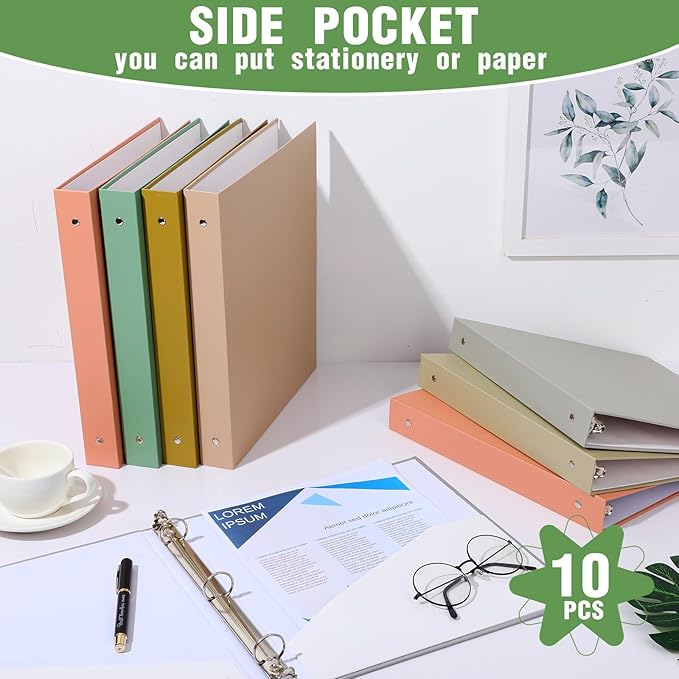 Ctosree 10 Pack Colored 3 Ring Binder with 2 Pockets Hardcover Loose Leaf Binder for Women Men Teacher Student School Office Home Supplies, Fits 11 x 8.5 Size Paper, 10 Colors(1",Simple Color)