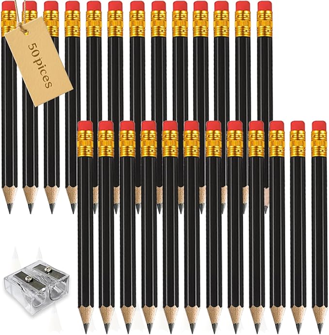 Adhere 50pcs Golf Pencils with Eraser Hexagon Wooden half Pencils Graphite 2B for Golf Event Scoring, Classroom, Wedding, Pew, Pocket | Free Pencil Sharpener (z-Black・Hexagon・50pcs)