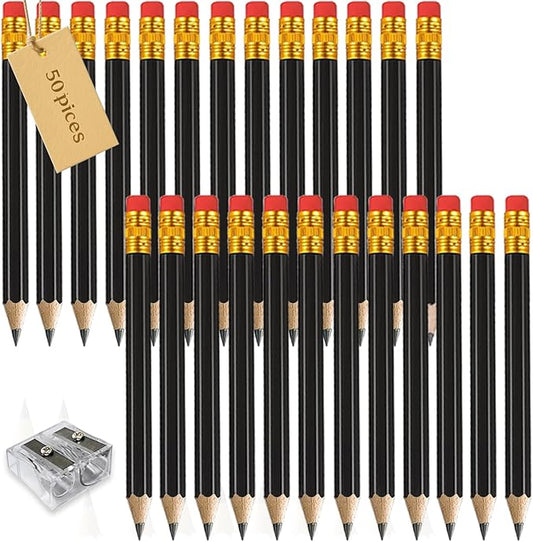 Adhere 50pcs Golf Pencils with Eraser Hexagon Wooden half Pencils Graphite 2B for Golf Event Scoring, Classroom, Wedding, Pew, Pocket | Free Pencil Sharpener (z-Black・Hexagon・50pcs)