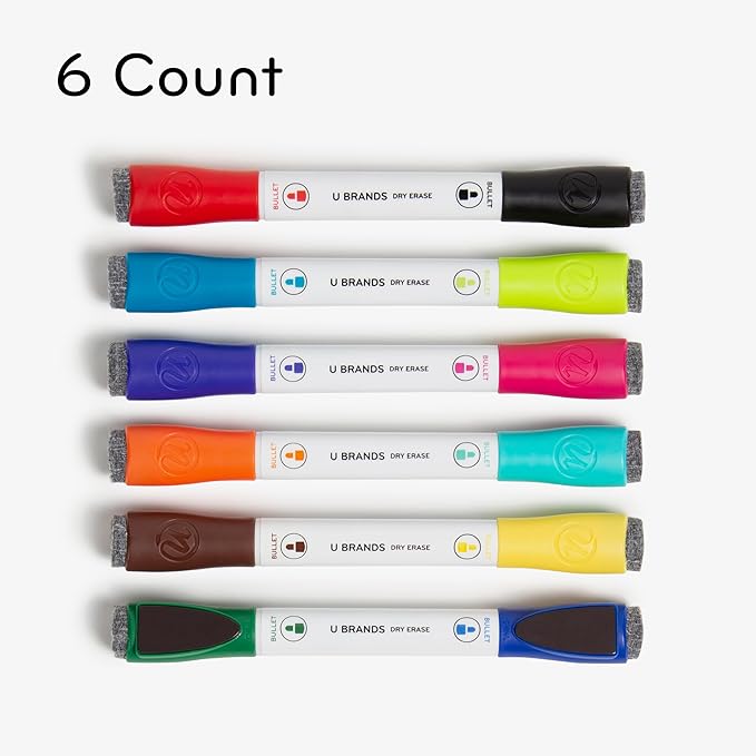 U Brands Fine Tip Dry Erase Markers with Eraser, Magnetic Double Ended Whiteboard Markers, Low Odor, Assorted Bright Colors, Set of 6