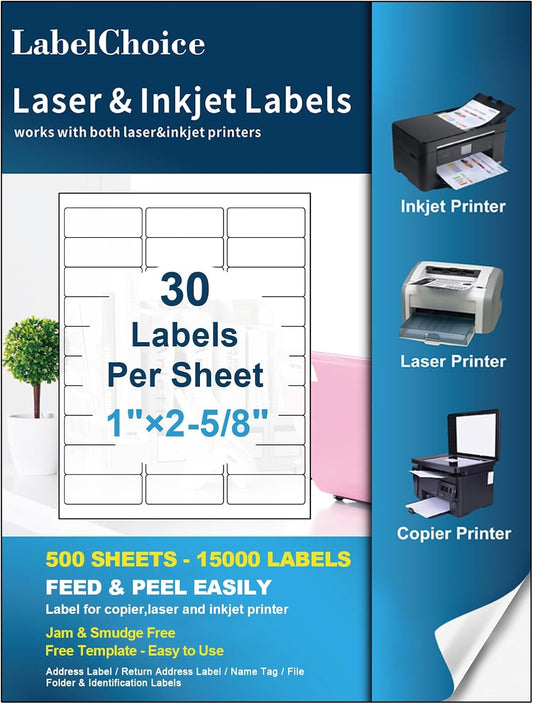 500 Sheets 15000 Pcs 30-up 1" x 2-5/8" Shipping Address FBA Labels for Laser & Inkjet Printers, 30 Up Labels 1 x 2-5/8 on US Letter,30 per Sheet Return Address Stickers, 30 per Page