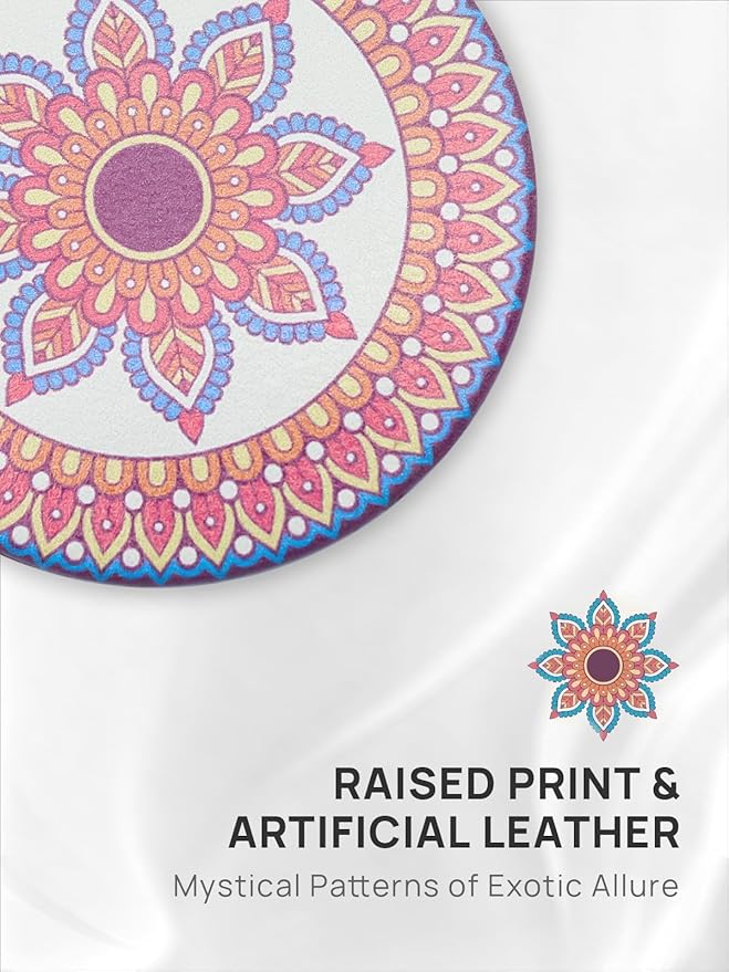 OMIRO 1X/10X Compact Magnifying Mirror, Unique Painting Pocket Mirror with Classical PU Leather (Round, Red Flower Mandala)