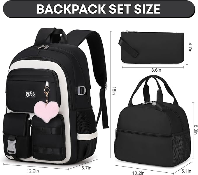 3PCS Girls Backpack For College Middle High School Student Teens Women Bookbag Waterproof Laptop Bag Black Beige