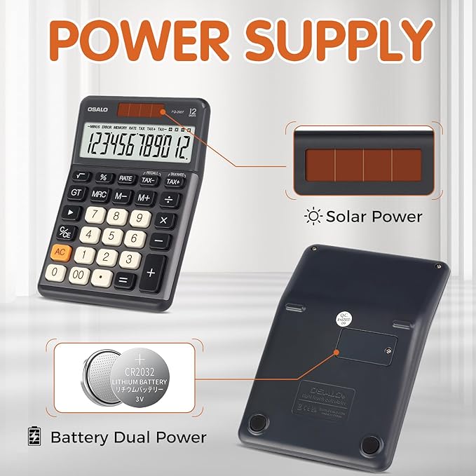Pendancy Office Small Calculator Desktop with Tax+/- for Tax Calculation, 12 Digit Large LCD Display, Solar Battery Power, Durable Portable Design, Financial Accounting Business Home Use(OS-200T-Gray)