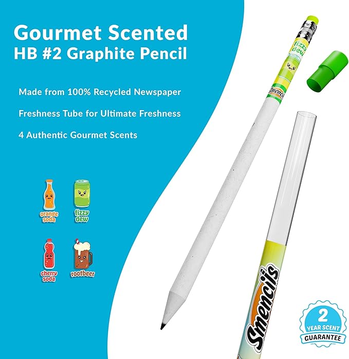 Smencils Soda Pop Shop Scented Pencils – HB #2 Graphite Pencils Made from Recycled Newspapers, 4 Pack, Long-Lasting Gourmet Scents, Fun School Supplies & Gifts for Kids, Teachers, Classroom Rewards