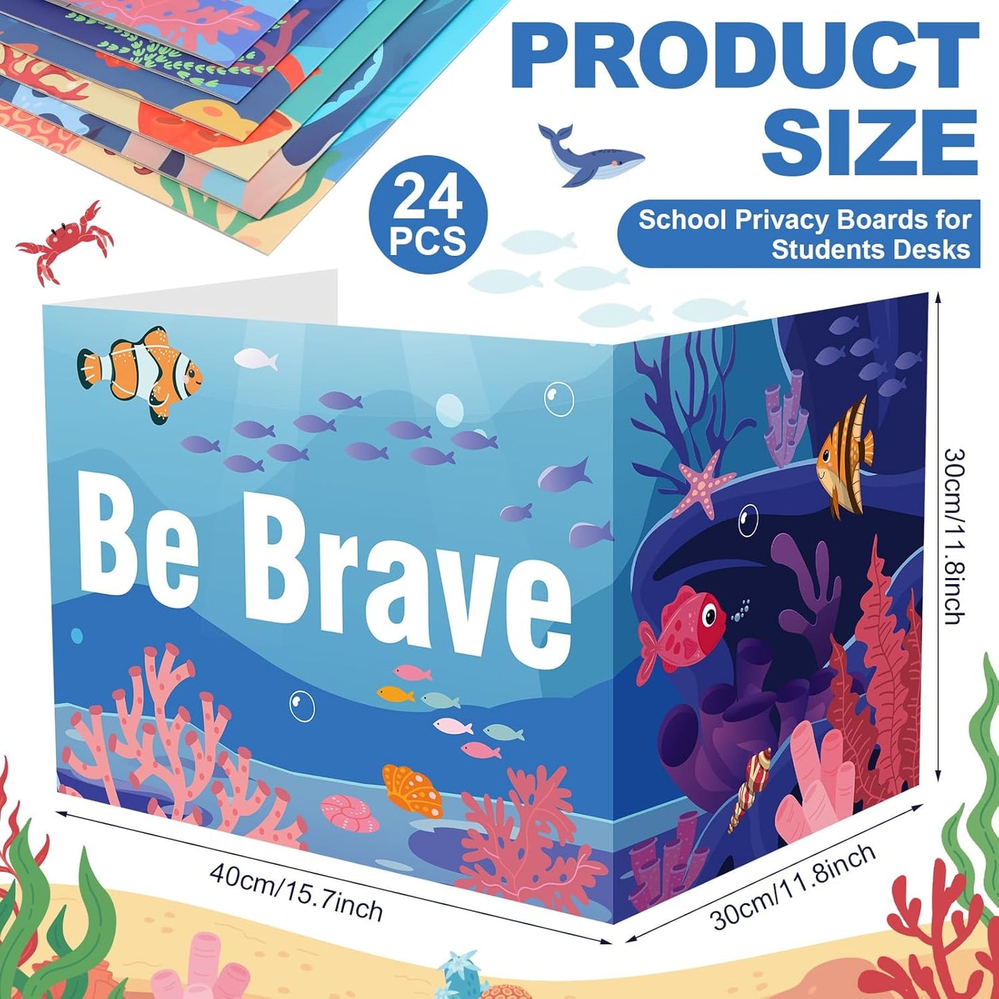 Honoson 24 Pcs Bulk Inspirational Privacy Folders for Students Cardboard Test Privacy Boards Motivational Words Desk Dividers Shield for Classroom School Study Supplies, 6 Styles (Ocean Animal)