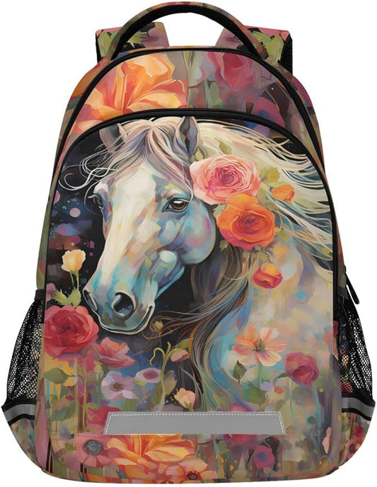Horse Backpack for Students Boys Girls Animal Pattern Horse Watercolor School Bag Travel Daypack Rucksack