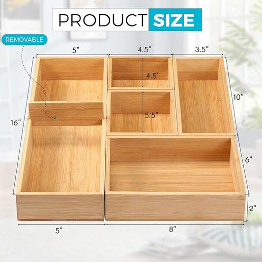 Fabsome Bathroom Drawer Organizer, Bamboo Box Bin for Junk Vanity Desk Makeup Drawer, Small Wooden Container Tea Storage Organization Tray for Kitchen Office, Set of 5