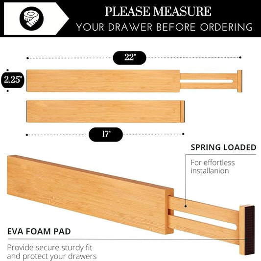 Expandable Bamboo Drawer Dividers 8 pack with labels(17"-22") Drawer Organizer for Kitchen, Clothes,Utensils,Silverware,Dresser,Office,Desk