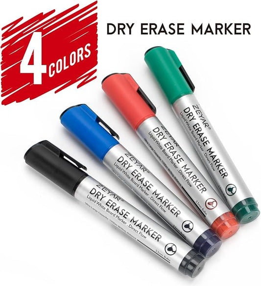 ZEYAR Dry Erase Marker Low-Odor Bullet Tip, Ultra-Large Capacity, Advanced Direct Flow Structure, Whiteboard Marker for School, Office, Home, 4 Count (Black,Blue,Red,Green)