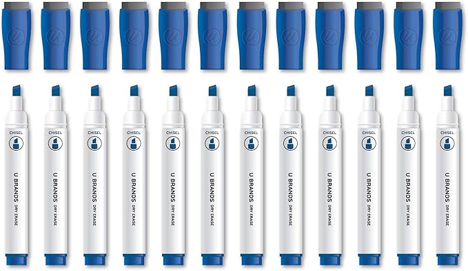 U Brands Fine Tip Dry Erase Markers with Eraser, Whiteboard Markers with Chisel tip, Low Odor, Blue, Set of 12
