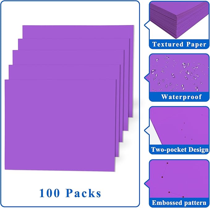 Zzrywuty 100 Packs Paper Folders with Pockets for Students,Businessmen and Office Workers,Letter Size,Two Pocket Folders with Card Slot for Office,Business,School Supplies (Purple)
