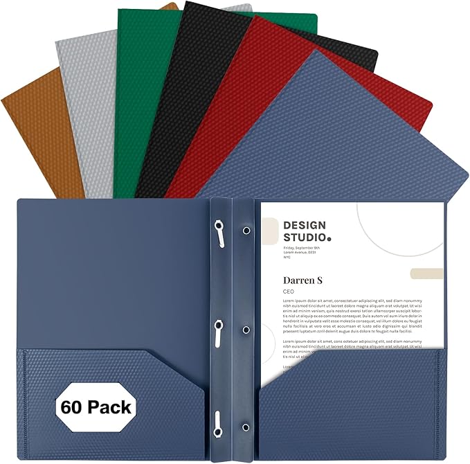 60-Pack Plastic Folders with Pockets and Prongs,2-Pocket Folders with 3 Fasteners, Poly Folders Holds 8-1/2" x 11" Paper for School/Office/Home