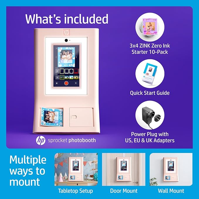 HP Sprocket Photo Booth + 110 3x4 Zink Paper Sheets, Digital Instant Color Photo Printer, 10.1" Touchscreen Photobooth, LED Ring Light, Customize w/ 250+ Frames, Share via QR Code, Mobile App, Pink