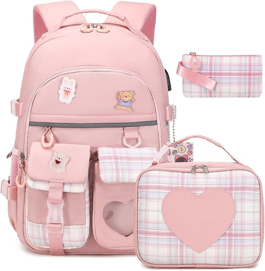 Backpack for Girls - Bookbag Backpacks Schoolbag for Girls Kids Teen Women Casual Travel Daypacks - School Bag Elementary Middle School College Cute Backpack with Lunch Box (Pink)